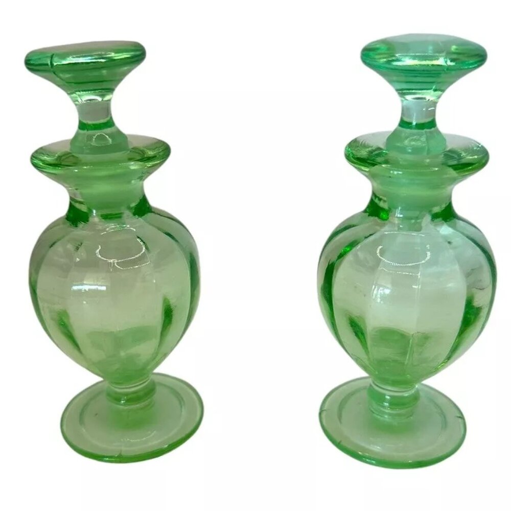 Beautiful Vintage Green Depression Glass Perfume Bottles New Martinsville?